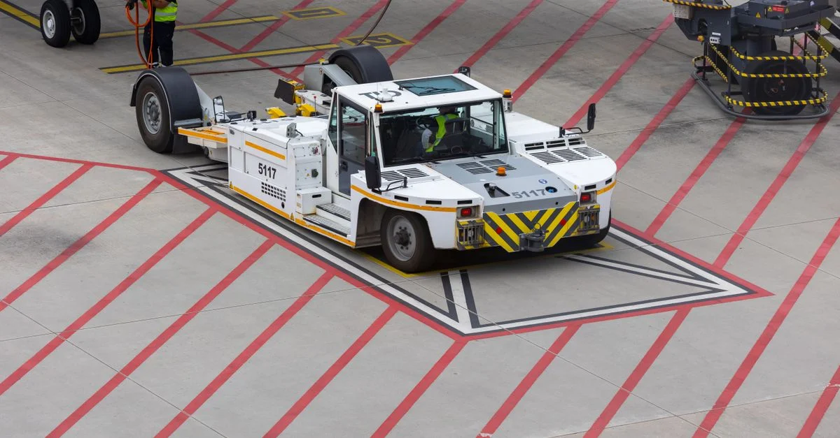 Tracteur d'avion manœuvrant sur une piste, préparant le départ d'un avion dans un aéroport animé.