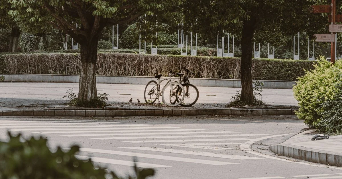 Un vélo solitaire est garé sous des arbres luxuriants à un coin de rue tranquille, offrant un tableau urbain serein.