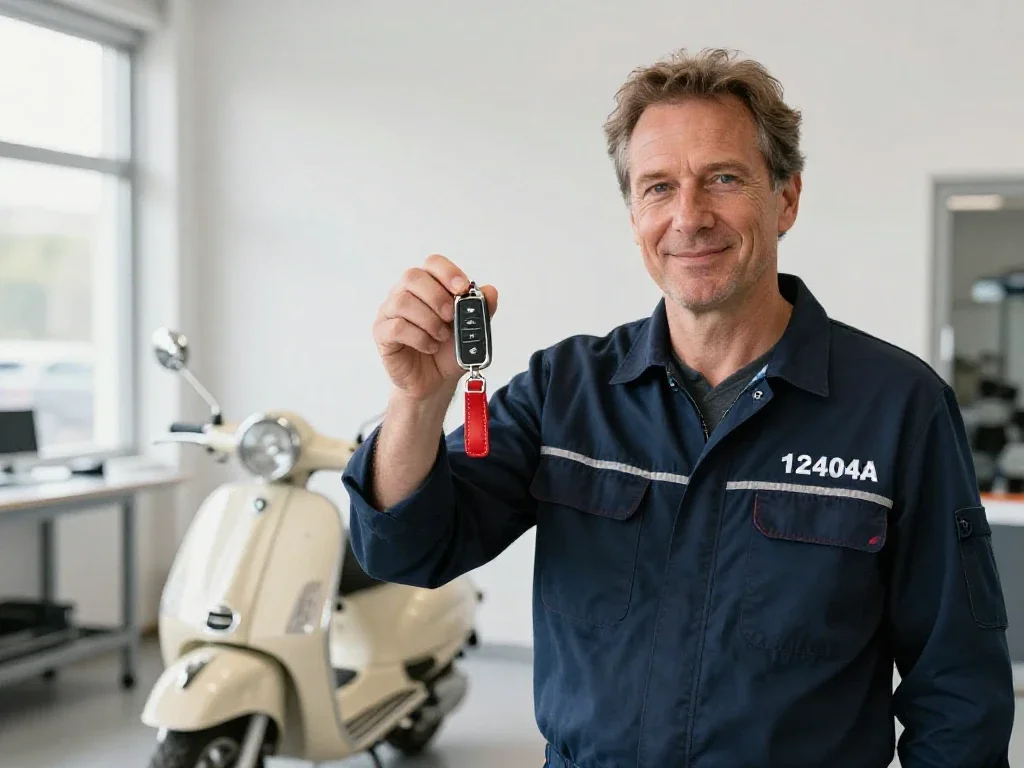 Un expert automobile français remet les clés d'un véhicule dans un showroom lumineux.