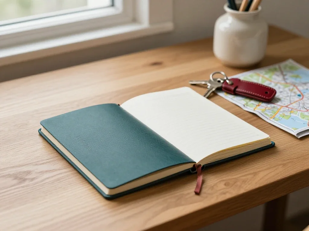 Table de travail organisée avec carnet et carte routière facilitant la planification d'itinéraires.